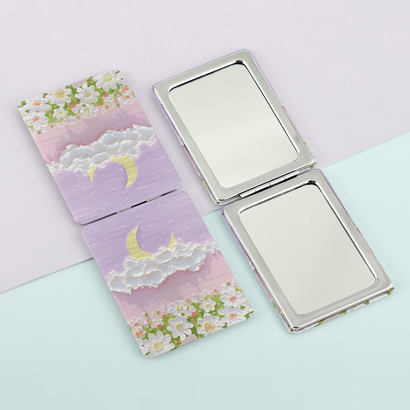 A rectangular color printed double-sided PU leather mirror with a silver plated frame. One side is normal and the other side is doubled in size. You can customize your own pattern.