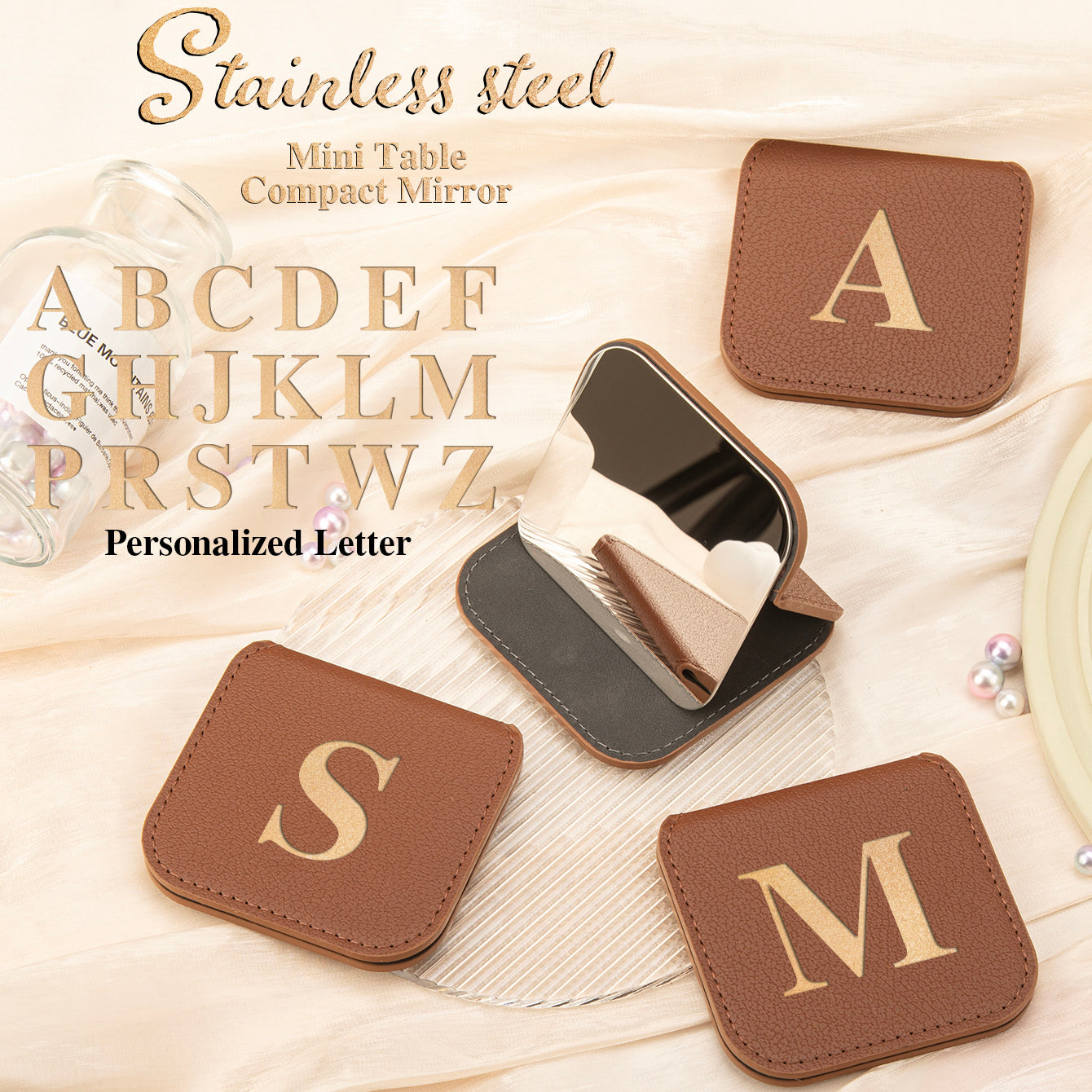 1PC Stainless Steel Makeup Mirror With Rounded Corners Square 2X Magnification Folding Double-sided Compact Mirror Leather Shell Bronzing Letters Can Be Used As A cCustomized Gift For Mom Friends Lovers Teachers Suitable For Use On Any Occasion Or Holiday