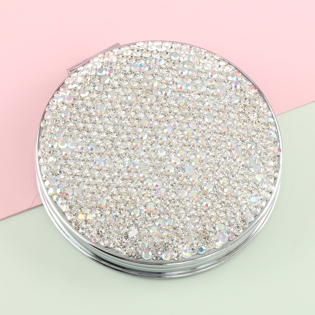 A Diamond-Encrusted Double-Sided Cosmetic Mirror With Silver Plated Metal Frames One Side Is Normal And The Other Side Is Magnified Twice The Shiny Diamond-Encrusted Appearance Is Beautiful And Fashionable