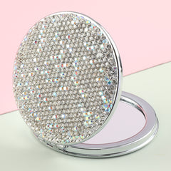 A Diamond-Encrusted Double-Sided Cosmetic Mirror With Silver Plated Metal Frames One Side Is Normal And The Other Side Is Magnified Twice The Shiny Diamond-Encrusted Appearance Is Beautiful And Fashionable