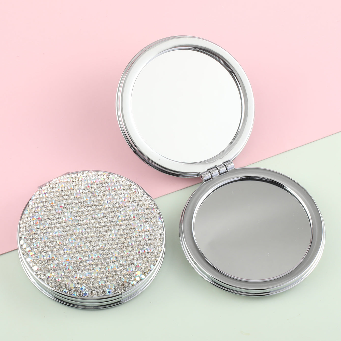 A Diamond-Encrusted Double-Sided Cosmetic Mirror With Silver Plated Metal Frames One Side Is Normal And The Other Side Is Magnified Twice The Shiny Diamond-Encrusted Appearance Is Beautiful And Fashionable