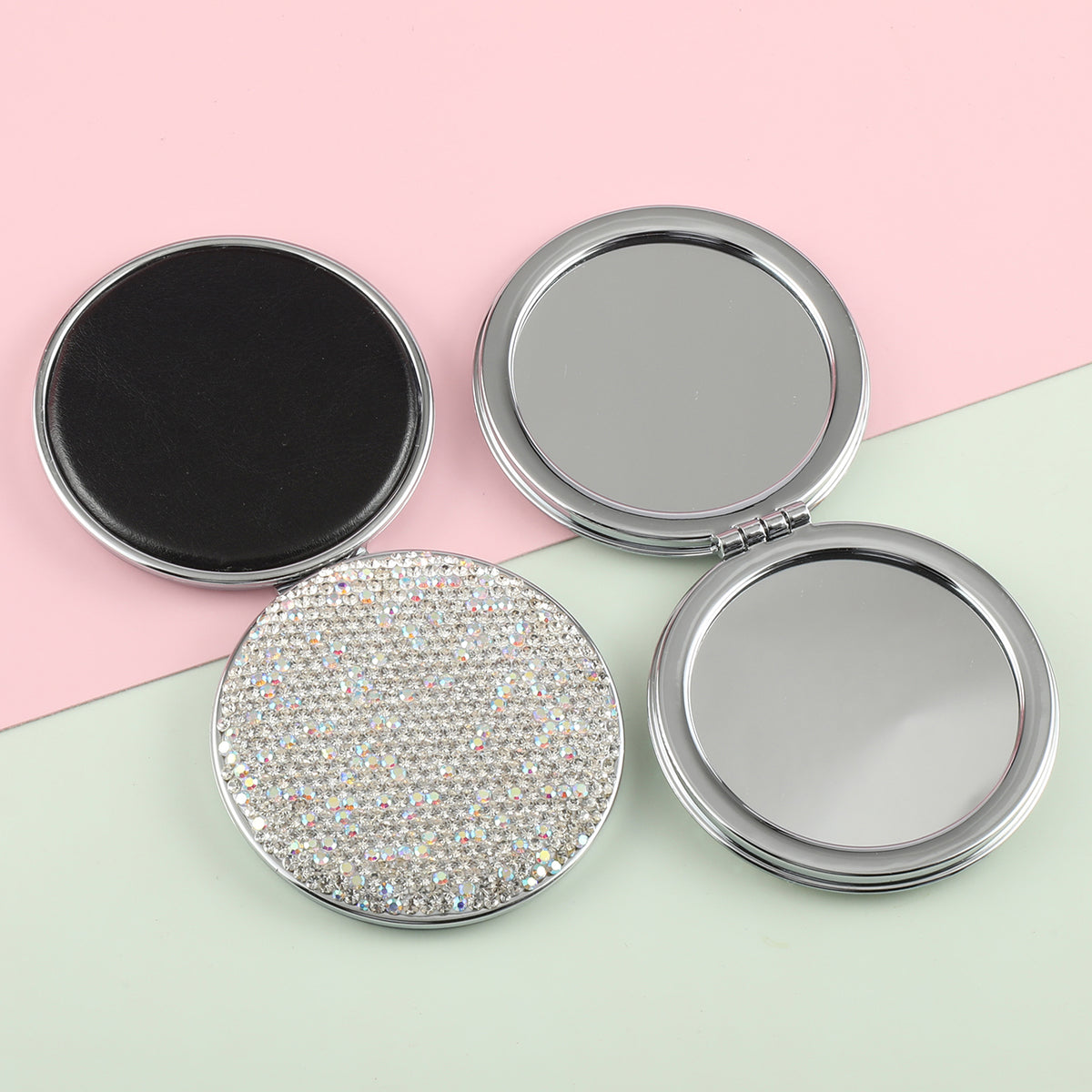 A Diamond-Encrusted Double-Sided Cosmetic Mirror With Silver Plated Metal Frames One Side Is Normal And The Other Side Is Magnified Twice The Shiny Diamond-Encrusted Appearance Is Beautiful And Fashionable