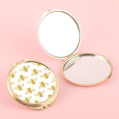 Little Bee Pattern PU Leather Plating Gold HD Glass Mirror, Fashionable Round Design, Size 60*60mm, Ideal Makeup Aid