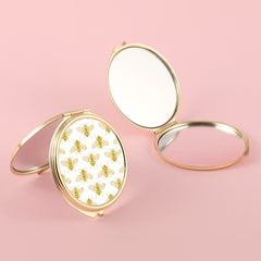 Little Bee Pattern PU Leather Plating Gold HD Glass Mirror, Fashionable Round Design, Size 60*60mm, Ideal Makeup Aid