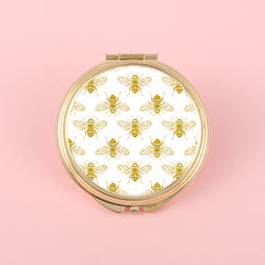 Little Bee Pattern PU Leather Plating Gold HD Glass Mirror, Fashionable Round Design, Size 60*60mm, Ideal Makeup Aid