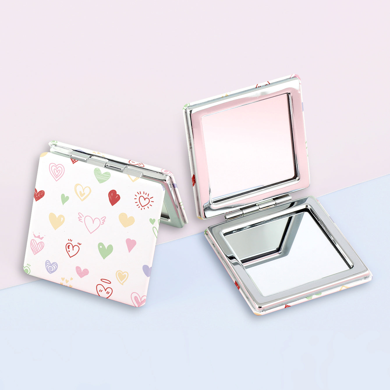 Silver plated square leather PU mirror, one side is normal in size and the other side is enlarged twice, allowing customization of patterns and logos.