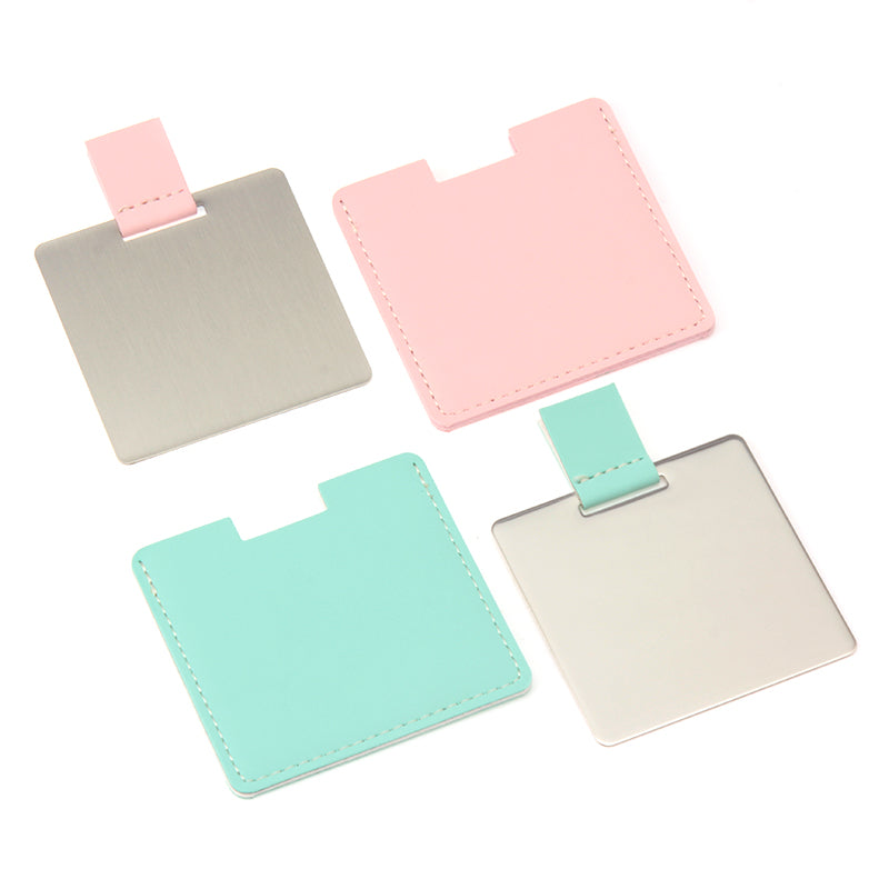 Eco-Friendly Pu Leather Case Packaging, HD Stainless Steel Mirror, 67*84*4mm Square Cosmetic Mirror, Seven Colors to Choose From, a Perfect Gift for Friends