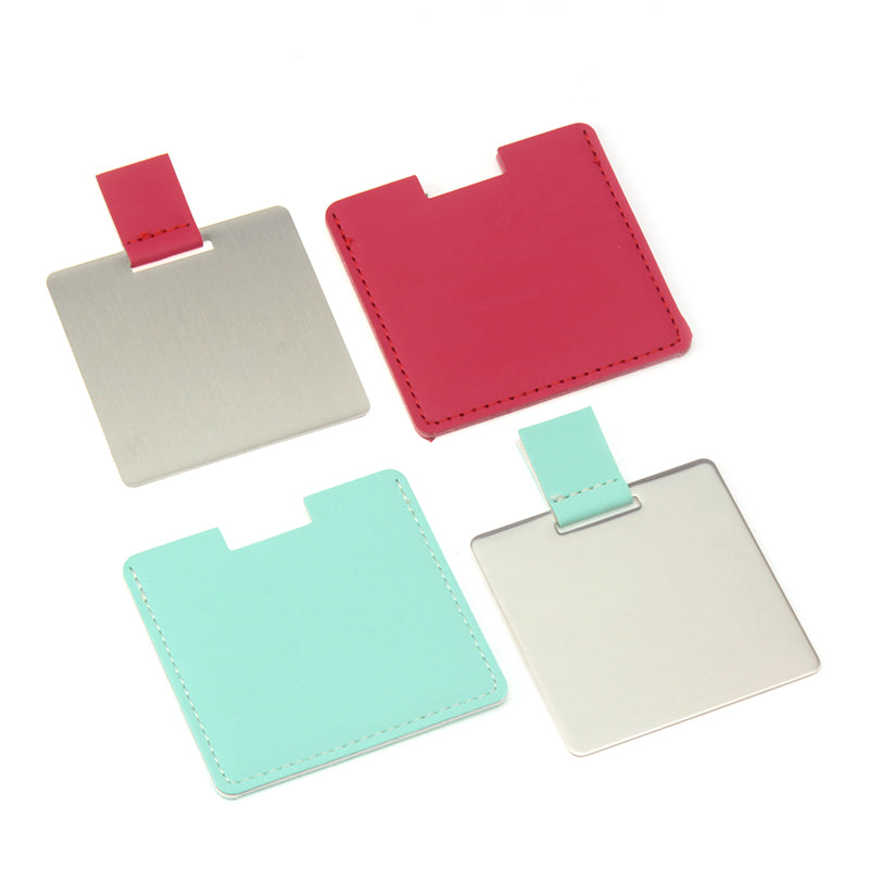 Eco-Friendly Pu Leather Case Packaging, HD Stainless Steel Mirror, 67*84*4mm Square Cosmetic Mirror, Seven Colors to Choose From, a Perfect Gift for Friends