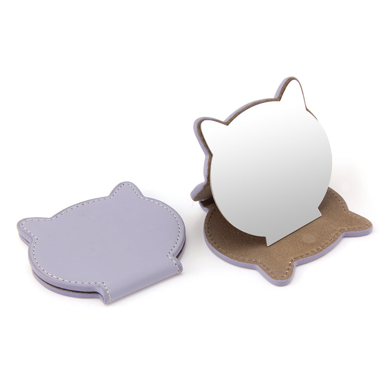 PU Eco-Friendly Leather Single-Sided Stainless Steel Makeup Mirror,HD Mirror, Cat Head Shape Design, Lightweight and Portable. Compact Size of 80*76*8 mm and Ten Colors Make Your Beauty Space More Personalized