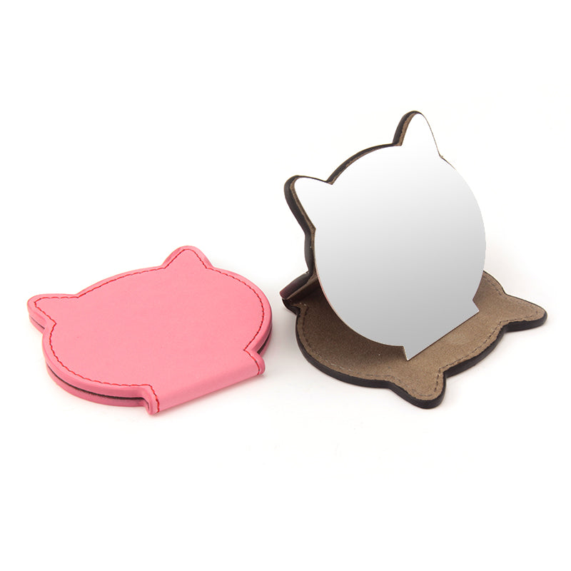 PU Eco-Friendly Leather Single-Sided Stainless Steel Makeup Mirror,HD Mirror, Cat Head Shape Design, Lightweight and Portable. Compact Size of 80*76*8 mm and Ten Colors Make Your Beauty Space More Personalized