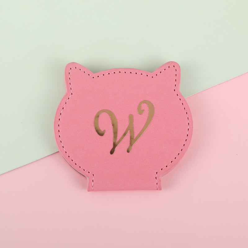 Desktop Makeup Mirror with Customizable Pattern, Cat Head Shape Design, Stainless Steel Material, PU Eco-Friendly Leather, HD Mirror, 80*75*8mm, Available in Black and Pink