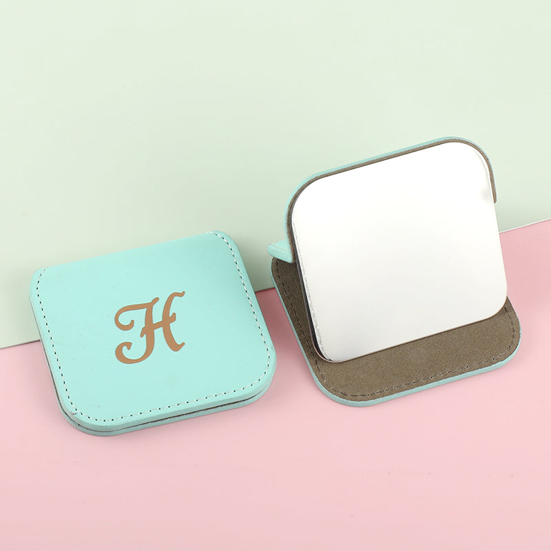 Fashionable Square Stainless Steel Desktop Makeup Mirror, PU Eco-Friendly Leather Decoration, Customized Pattern, Ultra-Thin Design 80*76*8mm, HD Mirror, Multi-Color Options, The First Choice for Personalized Beauty Space