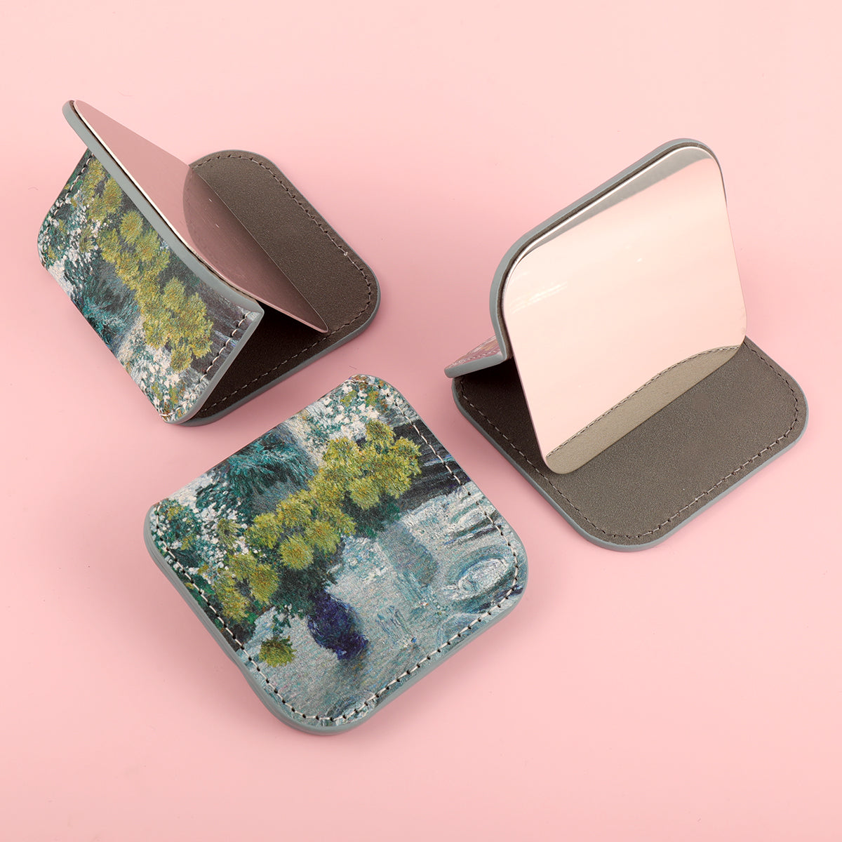 PU Eco-Friendly Leather, Customized Exclusive Pattern, Single-Sided HD Stainless Steel, 80*76*8mm Square Cosmetic Mirror, Various Styles, Suitable for Both Gifts and Personal Use