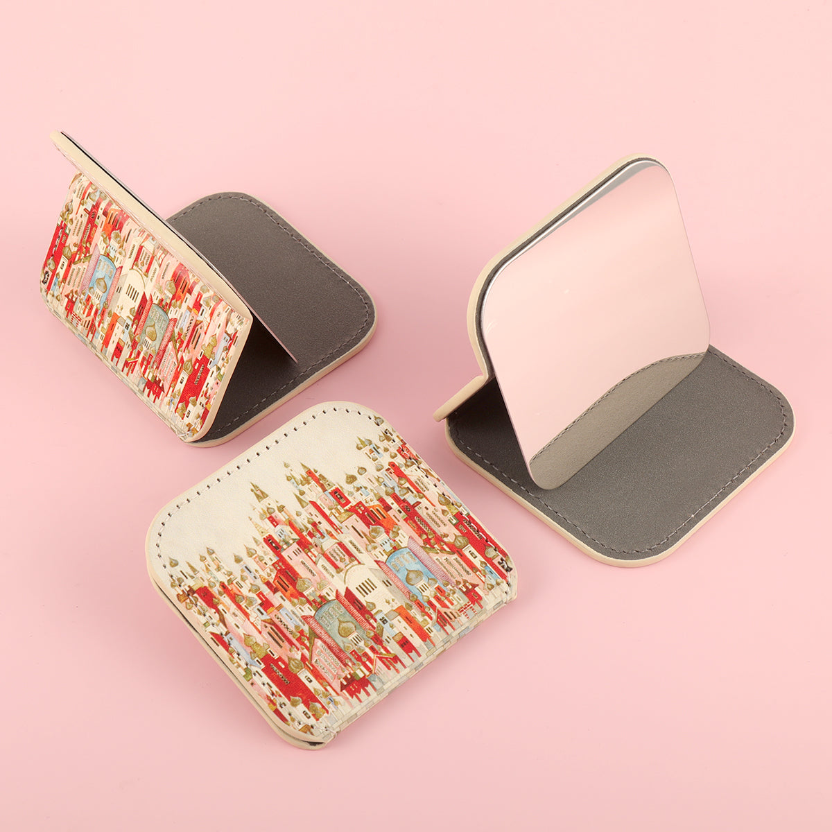 PU Eco-Friendly Leather, Customized Exclusive Pattern, Single-Sided HD Stainless Steel, 80*76*8mm Square Cosmetic Mirror, Various Styles, Suitable for Both Gifts and Personal Use