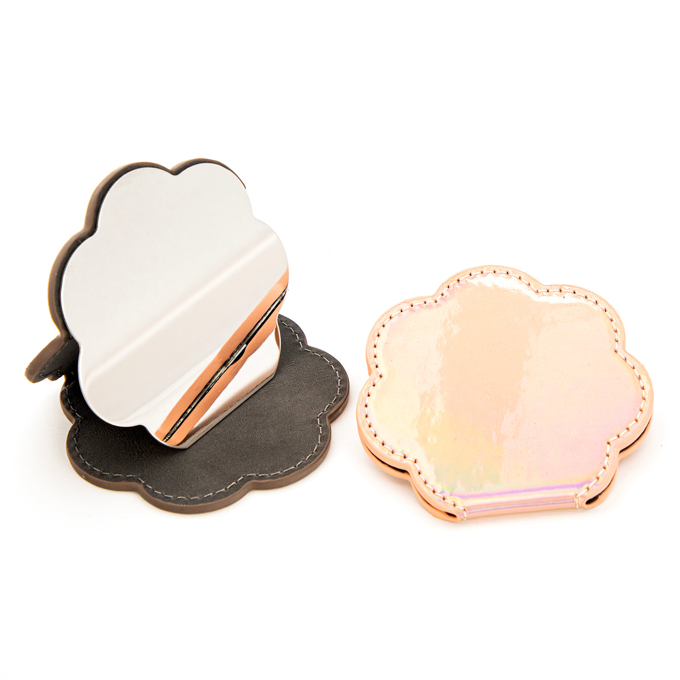 1 PC Flower Shaped Stainless Steel Single Sided Makeup Mirror With Laser Matte Leather Case Multiple Color Options Elegant And Stylish Design Ideal For Home Office Travel Hotel Makeup Bathroom And Gifting