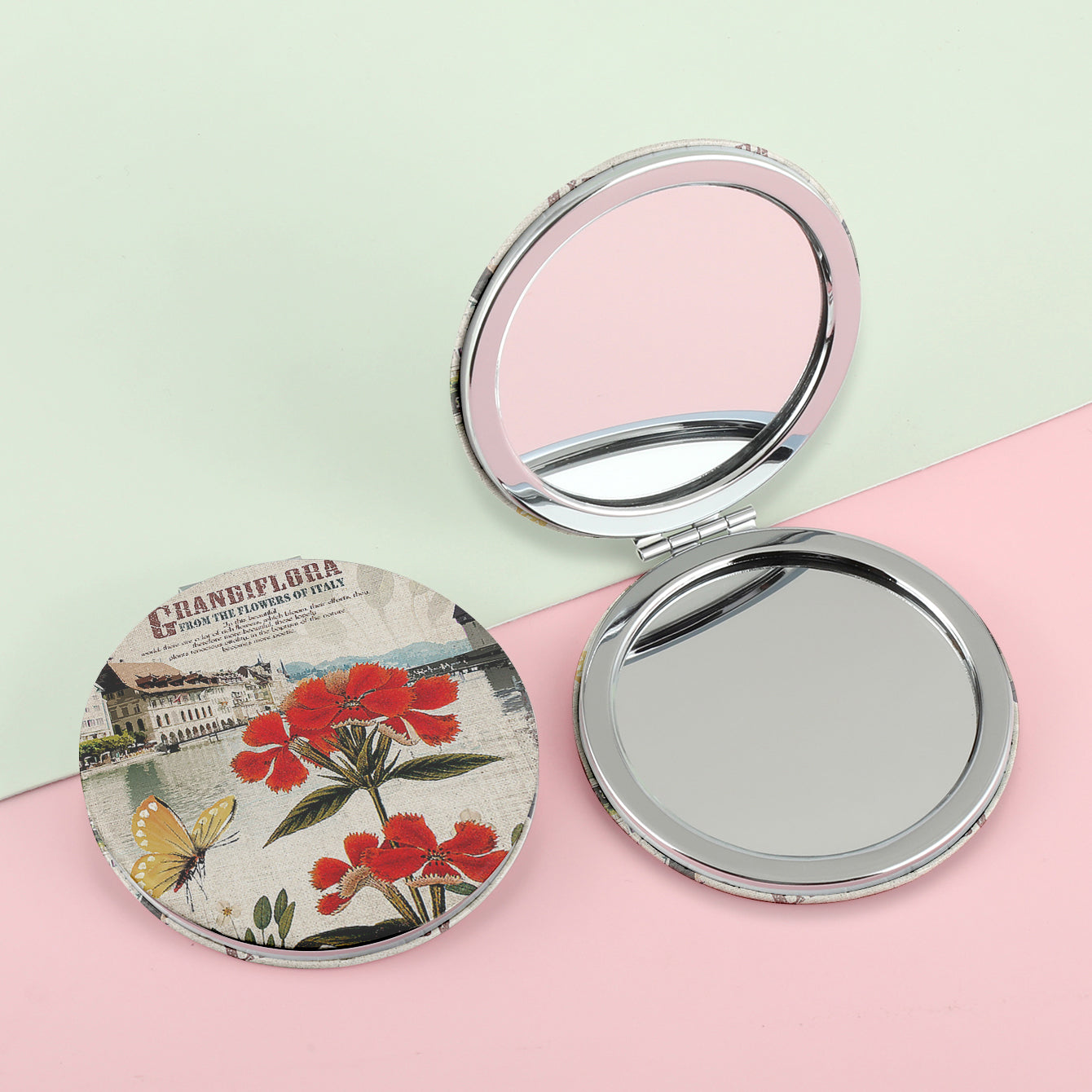 1PC Round PU Leather Makeup Mirror Folding Double Side Compact Mirror 2X Magnification Beautiful Flower Printed Pattern Suitable As Gift For Sister And Mother Or Other Relatives Suitable For Birthdays And Various Festivals And Suitable For All Occasions