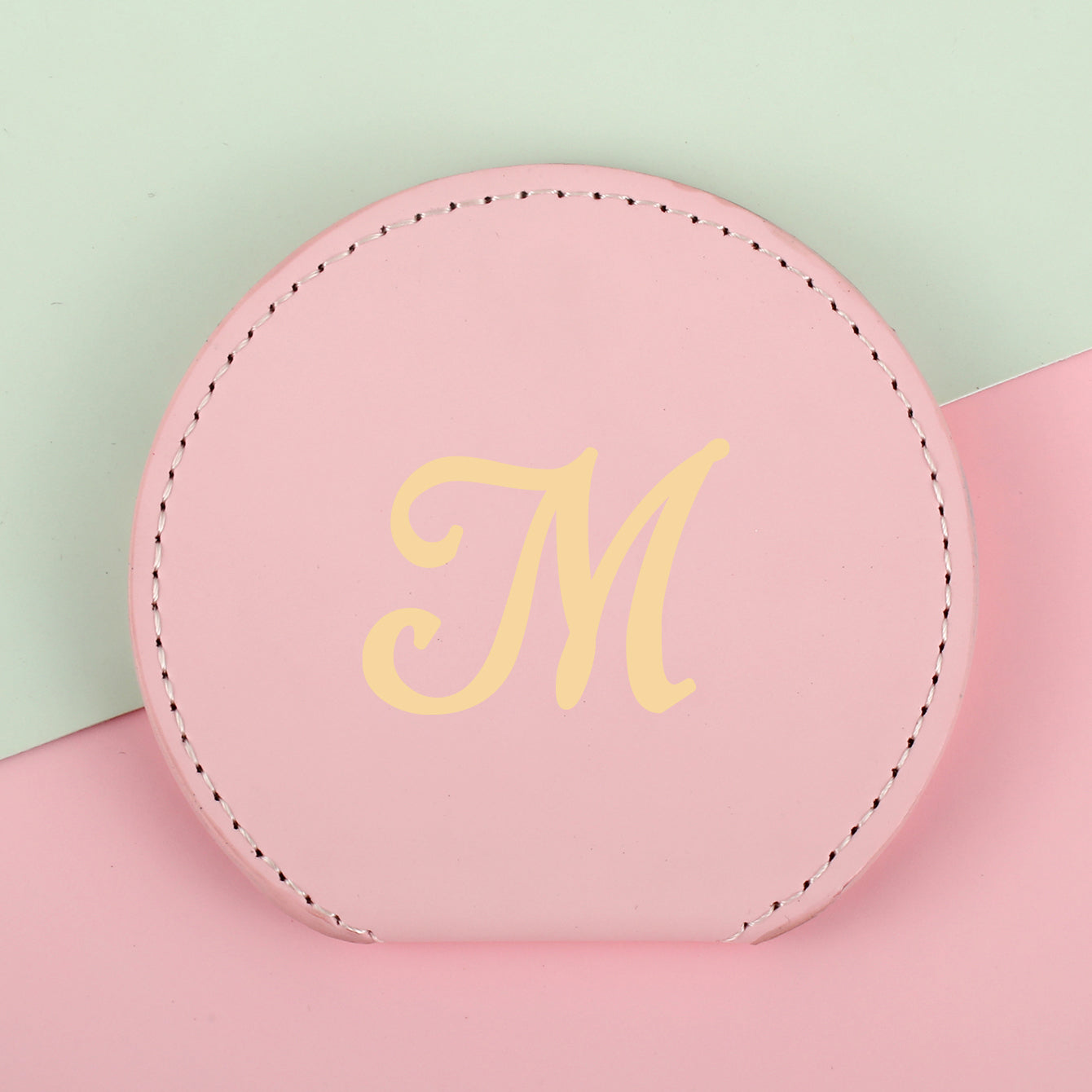 1PC Stainless Steel Makeup Mirror Round Single Side Compact Mirror  Pink Leather Shell Metal Bronzing Letters Can Be Placed Suitable For Use When Making Up Free Hands It Is The Best Choice For Home Or Gift Giving