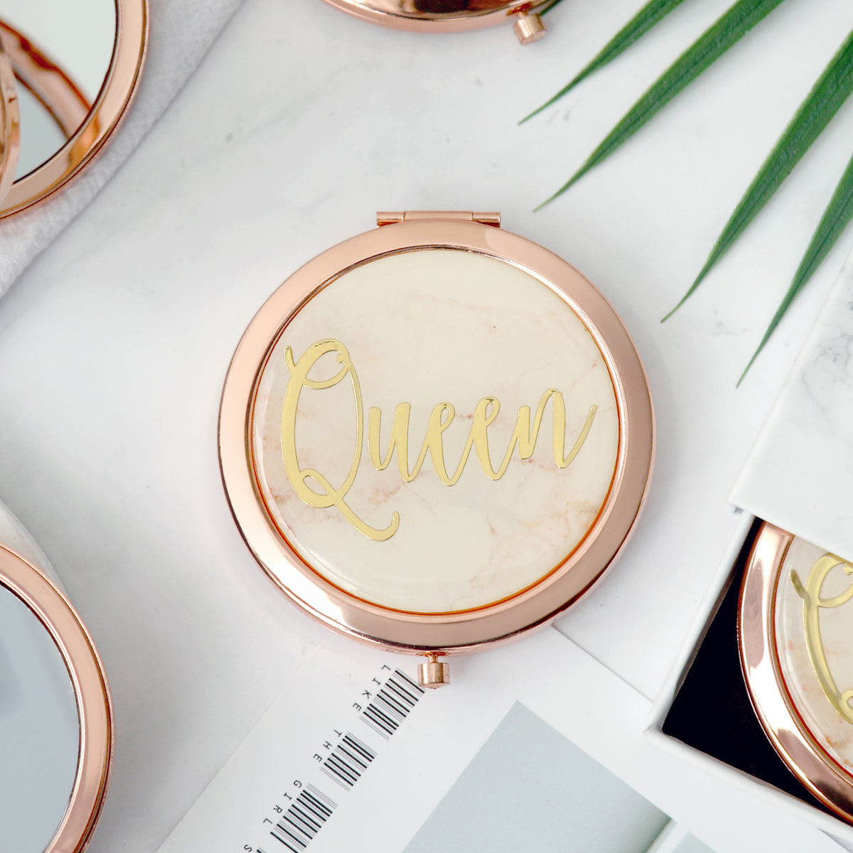 QUEEN Cover · Romantic Rose Gold, 70mm Button Makeup Mirror, Drip Glaze Craftsmanship, Unique Gold Foil Lettering, Ideal for Wedding Gifts