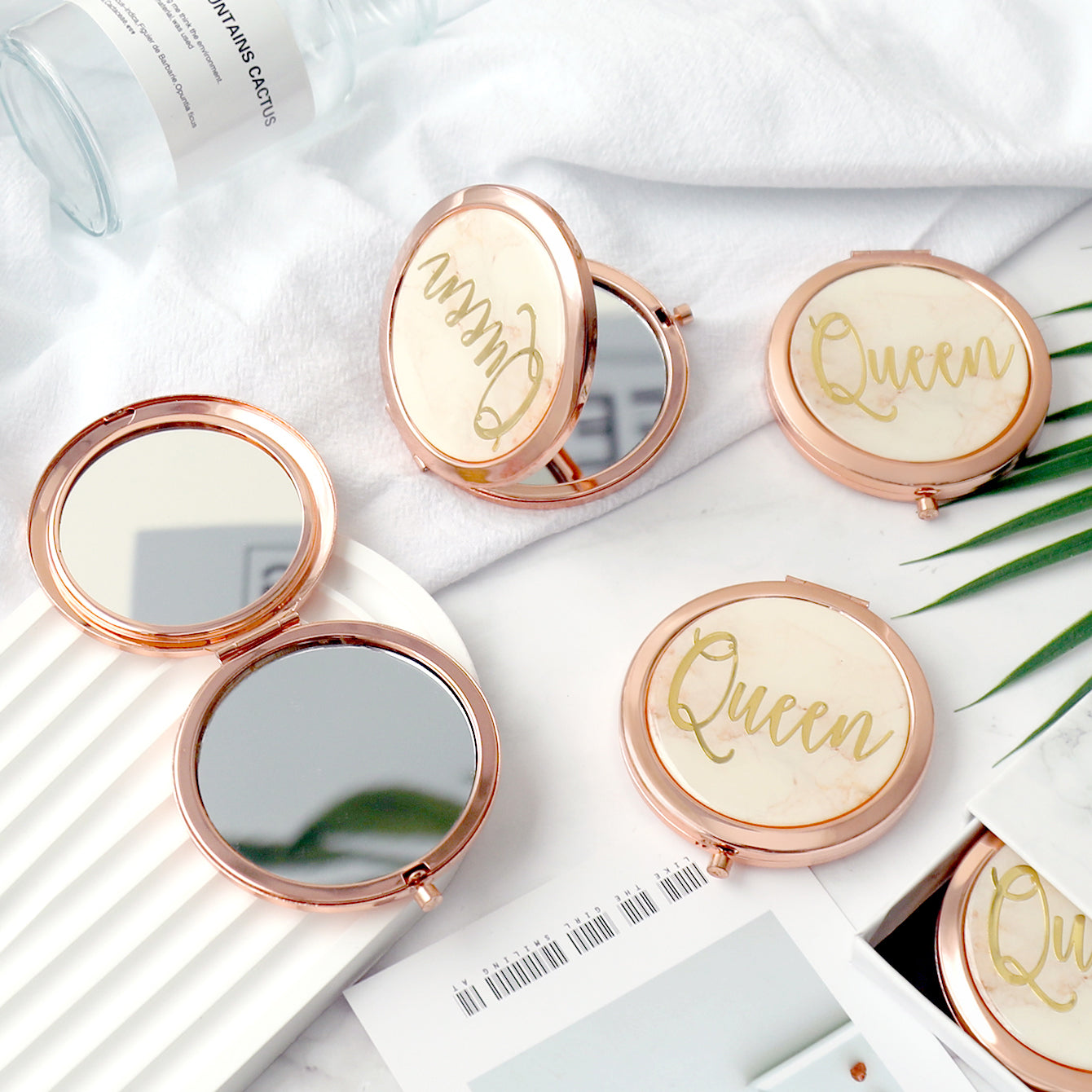 QUEEN Cover · Romantic Rose Gold, 70mm Button Makeup Mirror, Drip Glaze Craftsmanship, Unique Gold Foil Lettering, Ideal for Wedding Gifts