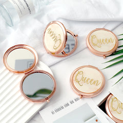 QUEEN Cover · Romantic Rose Gold, 70mm Button Makeup Mirror, Drip Glaze Craftsmanship, Unique Gold Foil Lettering, Ideal for Wedding Gifts