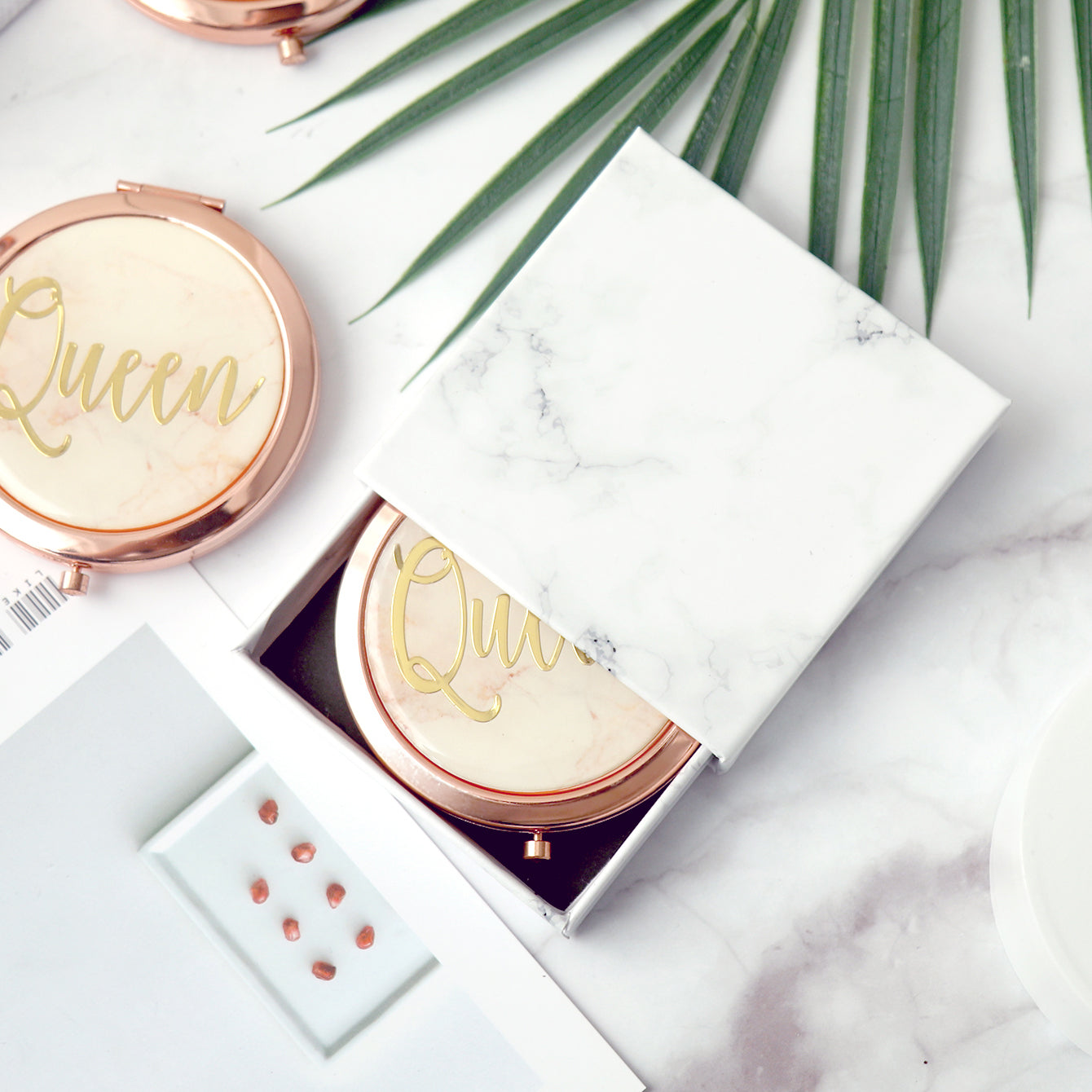 QUEEN Cover · Romantic Rose Gold, 70mm Button Makeup Mirror, Drip Glaze Craftsmanship, Unique Gold Foil Lettering, Ideal for Wedding Gifts