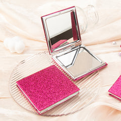 Glitter Gilt Leather Square Makeup Mirror, 7x7cm, In-stock in Pink, Black, Gold, and Rose Gold, Silver Plating, Magnetic Closure