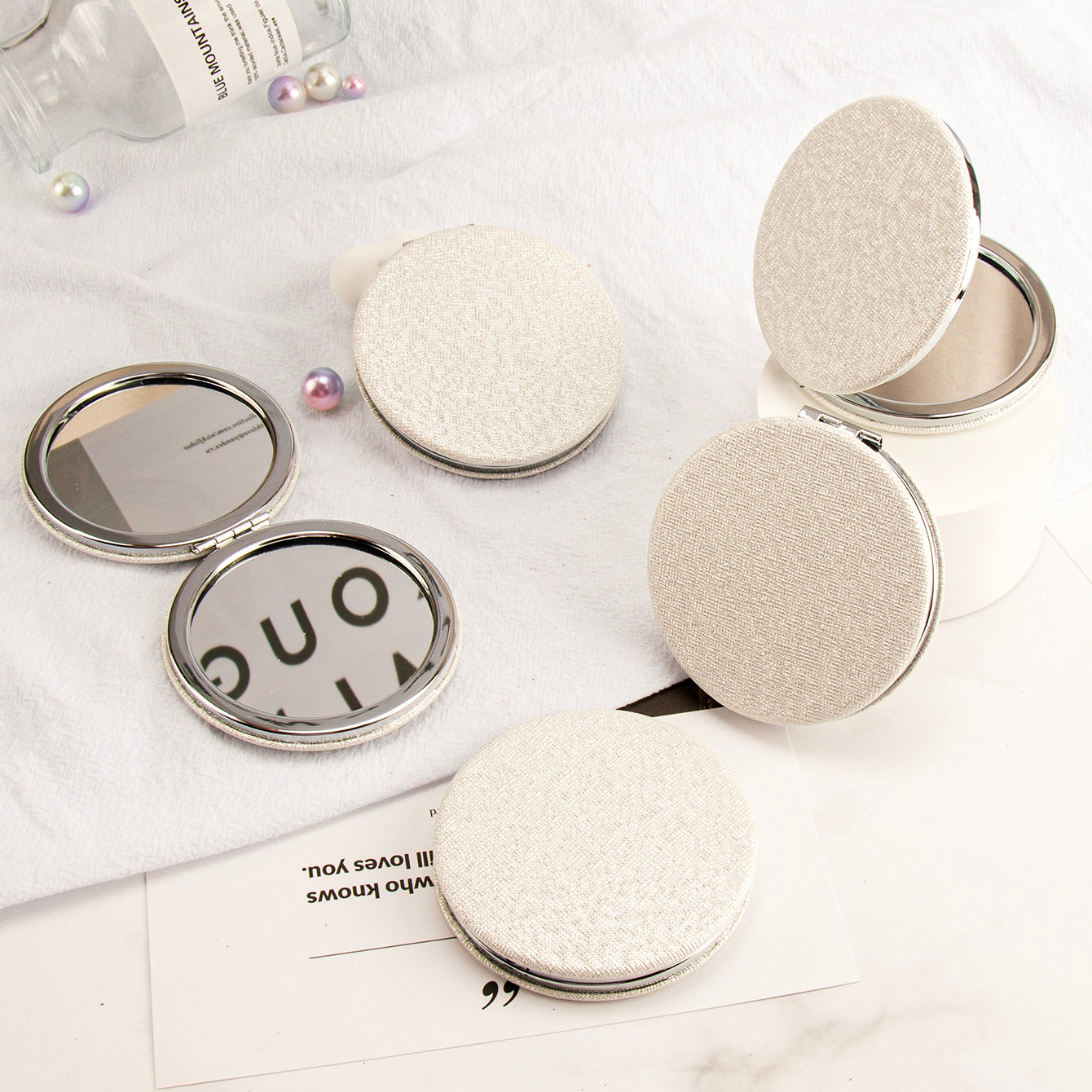 7x7cm Pearl White Leather Round Makeup Mirror, In-stock in Ivory White, Silver Plating, Magnetic Closure, Suitable for DIY, Perfect Gift for Friends