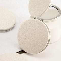 7x7cm Pearl White Leather Round Makeup Mirror, In-stock in Ivory White, Silver Plating, Magnetic Closure, Suitable for DIY, Perfect Gift for Friends