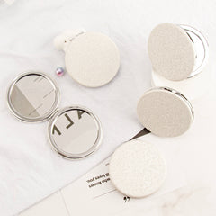 7x7cm Pearl White Leather Round Makeup Mirror, In-stock in Ivory White, Silver Plating, Magnetic Closure, Suitable for DIY, Perfect Gift for Friends