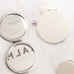 7x7cm Pearl White Leather Round Makeup Mirror, In-stock in Ivory White, Silver Plating, Magnetic Closure, Suitable for DIY, Perfect Gift for Friends