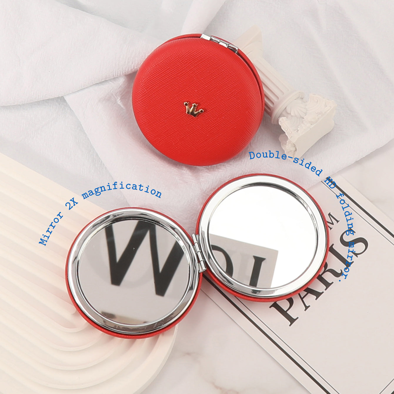 7cm Double-Sided Macaron Shaped Makeup Mirror with Silver-Plated Metal Frame – the ultimate gift for friends on holidays and birthdays! 🎁 In stock: black, red, pink, and beige. Adorned with a charming metallic crown