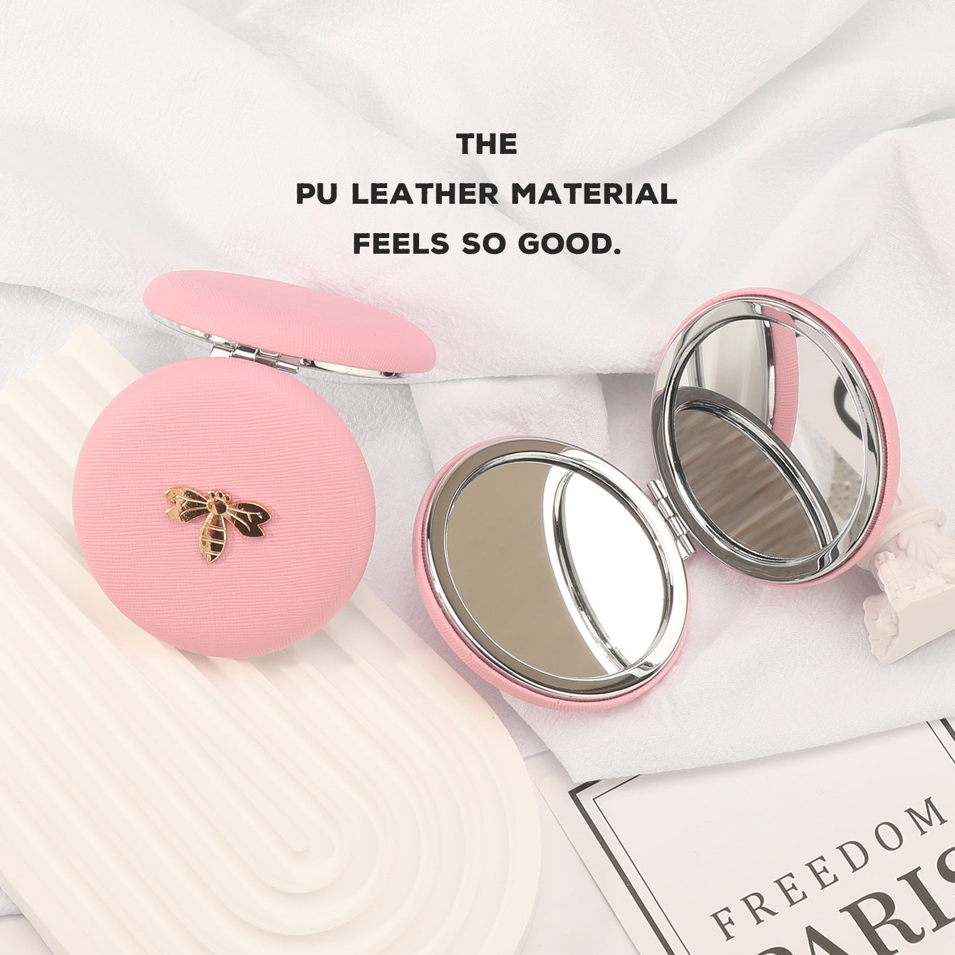 7cm Double-Sided Macaron Shaped Makeup Mirror with Silver-Plated Metal Frame – the ultimate gift for friends on holidays and birthdays! 🎁 In stock: black, red, pink, and beige. Adorned with a charming metallic Bee.