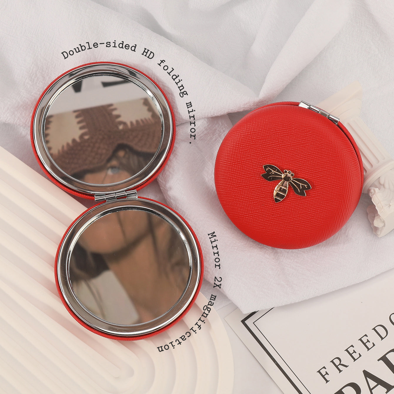 7cm Double-Sided Macaron Shaped Makeup Mirror with Silver-Plated Metal Frame – the ultimate gift for friends on holidays and birthdays! 🎁 In stock: black, red, pink, and beige. Adorned with a charming metallic Bee.