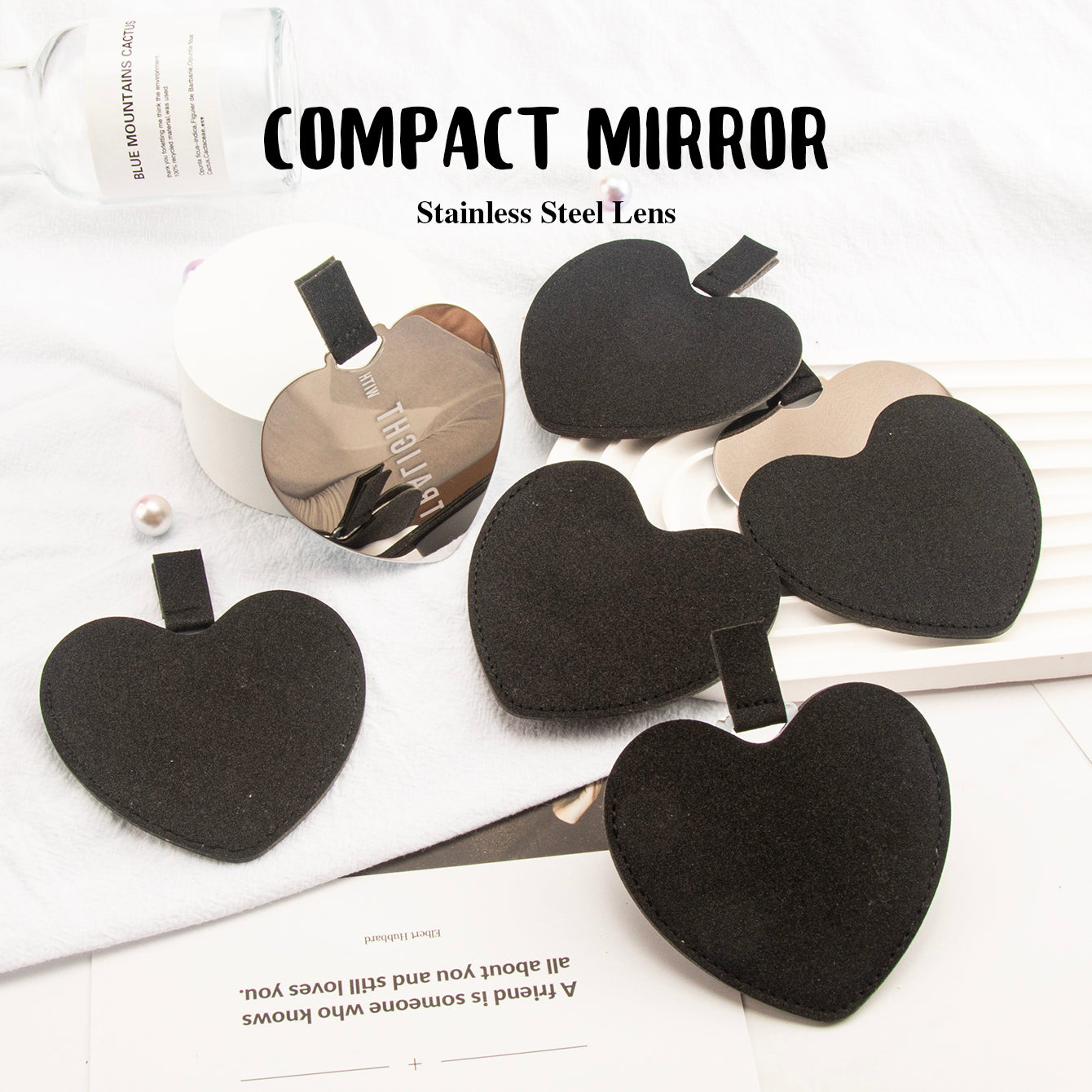 Heart-Shaped Stainless Steel Makeup Mirror - In-stock in Khaki and Black, 8cm Size, Shatterproof Stainless Steel Lens