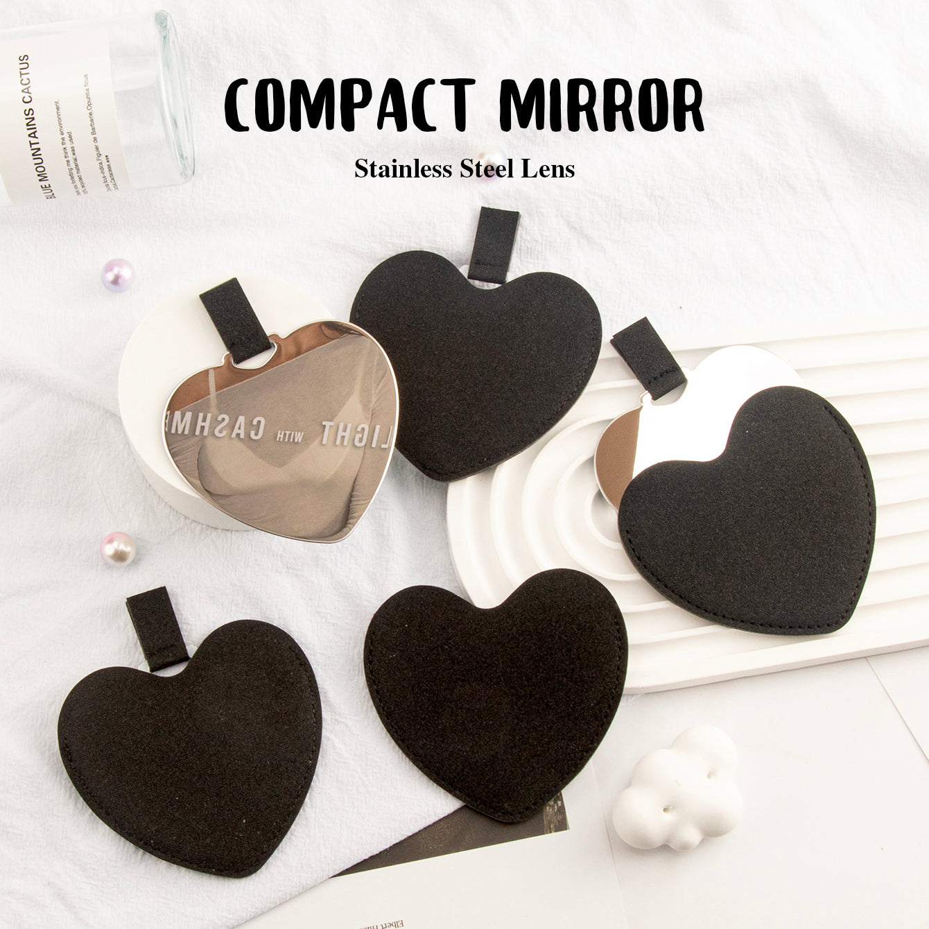 Heart-Shaped Stainless Steel Makeup Mirror - In-stock in Khaki and Black, 8cm Size, Shatterproof Stainless Steel Lens