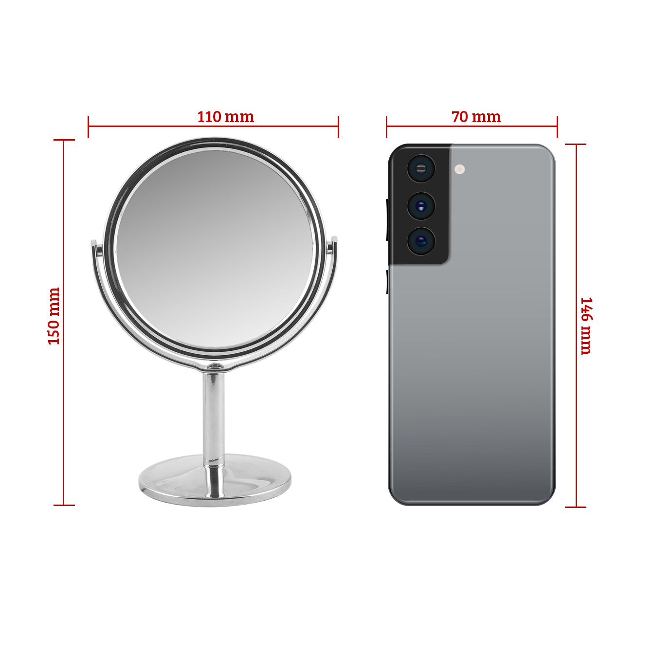 110*150mm Round Vanity Mirror, 360-Degree Rotation, In-stock Silver, Silver Plating, 3X Magnification