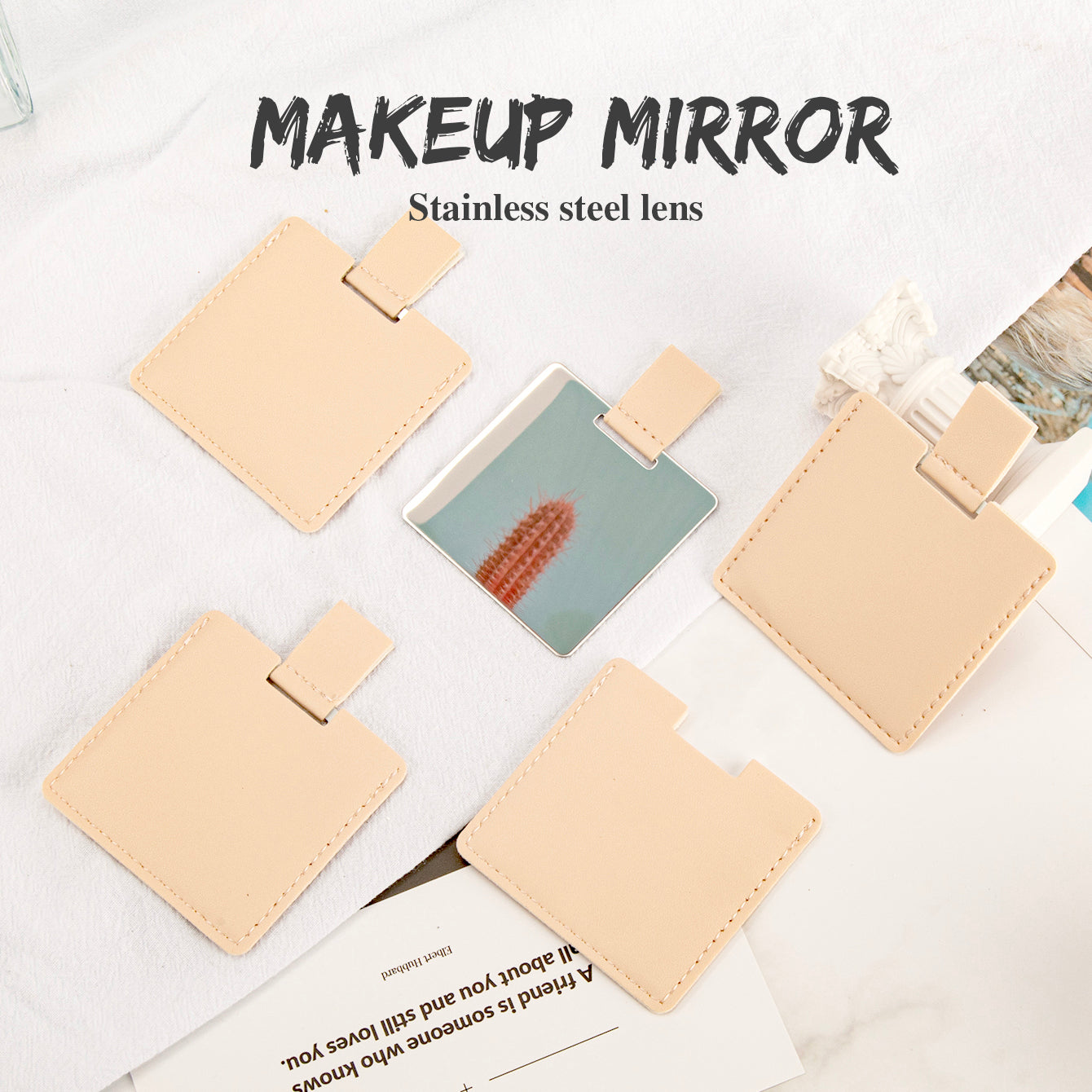 ✨ Exquisite & Thoughtful Gift ✨ 60mm*60mm Square Pull-out Stainless Steel Makeup Mirror – The perfect choice for your female friends! In-stock colors include olive green, khaki, pink, off-white, and yellow