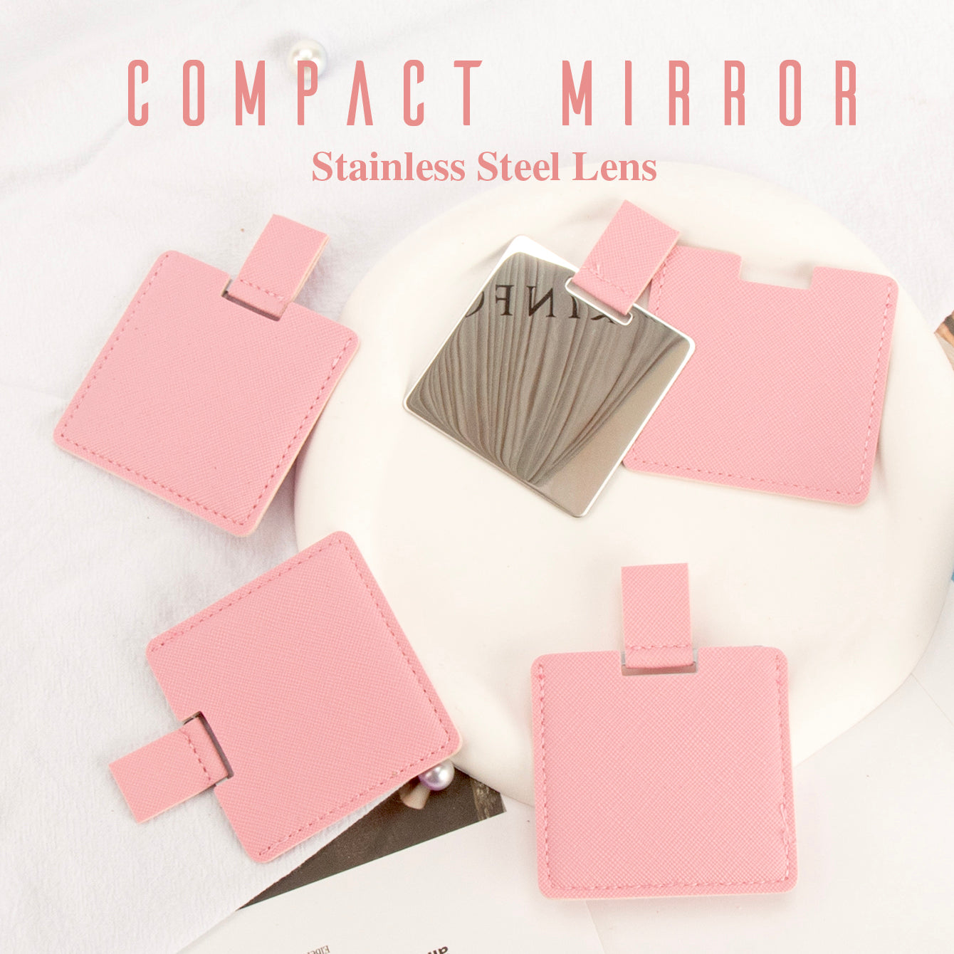 ✨ Exquisite & Thoughtful Gift ✨ 60mm*60mm Square Pull-out Stainless Steel Makeup Mirror – The perfect choice for your female friends! In-stock colors include olive green, khaki, pink, off-white, and yellow