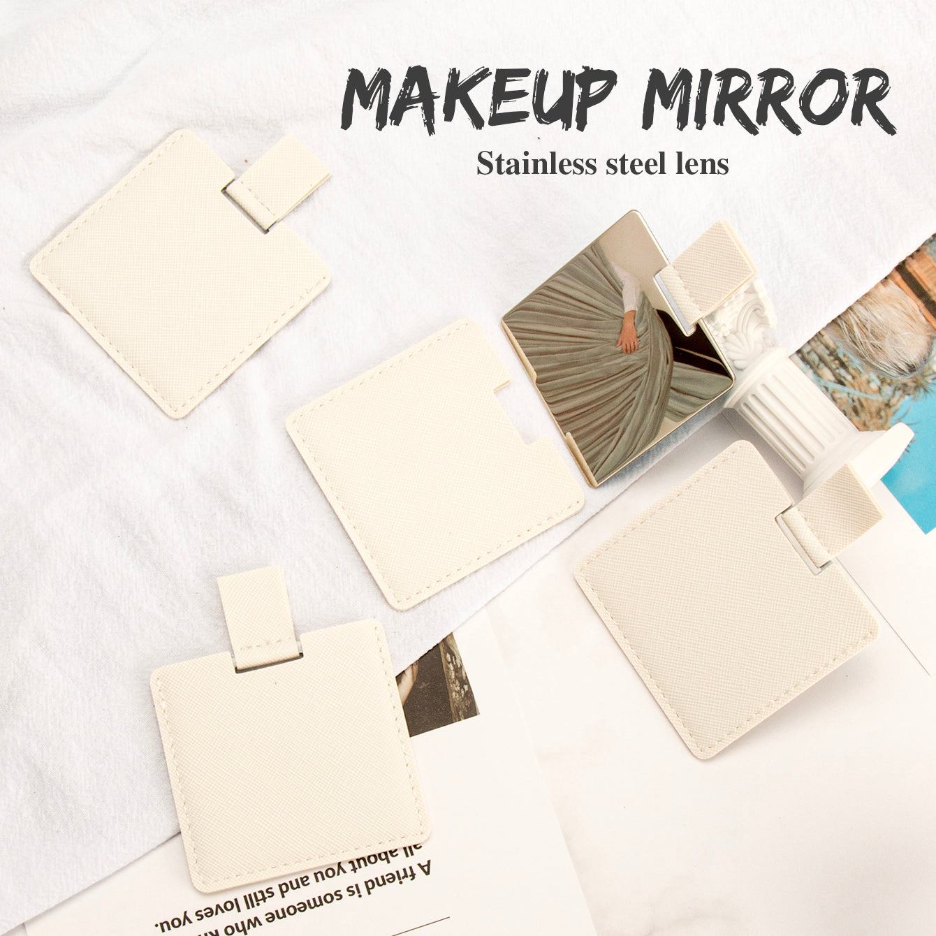 ✨ Exquisite & Thoughtful Gift ✨ 60mm*60mm Square Pull-out Stainless Steel Makeup Mirror – The perfect choice for your female friends! In-stock colors include olive green, khaki, pink, off-white, and yellow