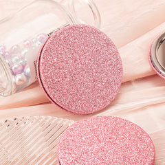 ✨ Chic Dreamy Series Round Makeup Mirror, 7cm, Pink Glitter Leather, Silver-plated Metal Frame, In Stock for Quick Shipping, HD Lens, Ideal for Weddings ✨