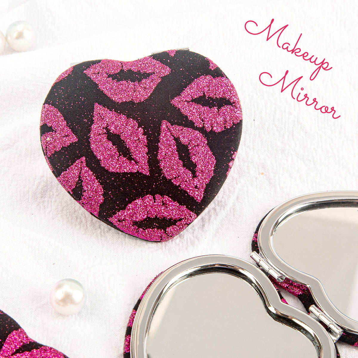 💖 Exquisite Heart-shaped Design, 65mm Diameter, Silver-plated Metal Frame, In Stock Now! Available in Pink and Black, High-Definition Glass Mirror, Perfect Gift for Wedding and Holidays, Ideal for Girlfriends!