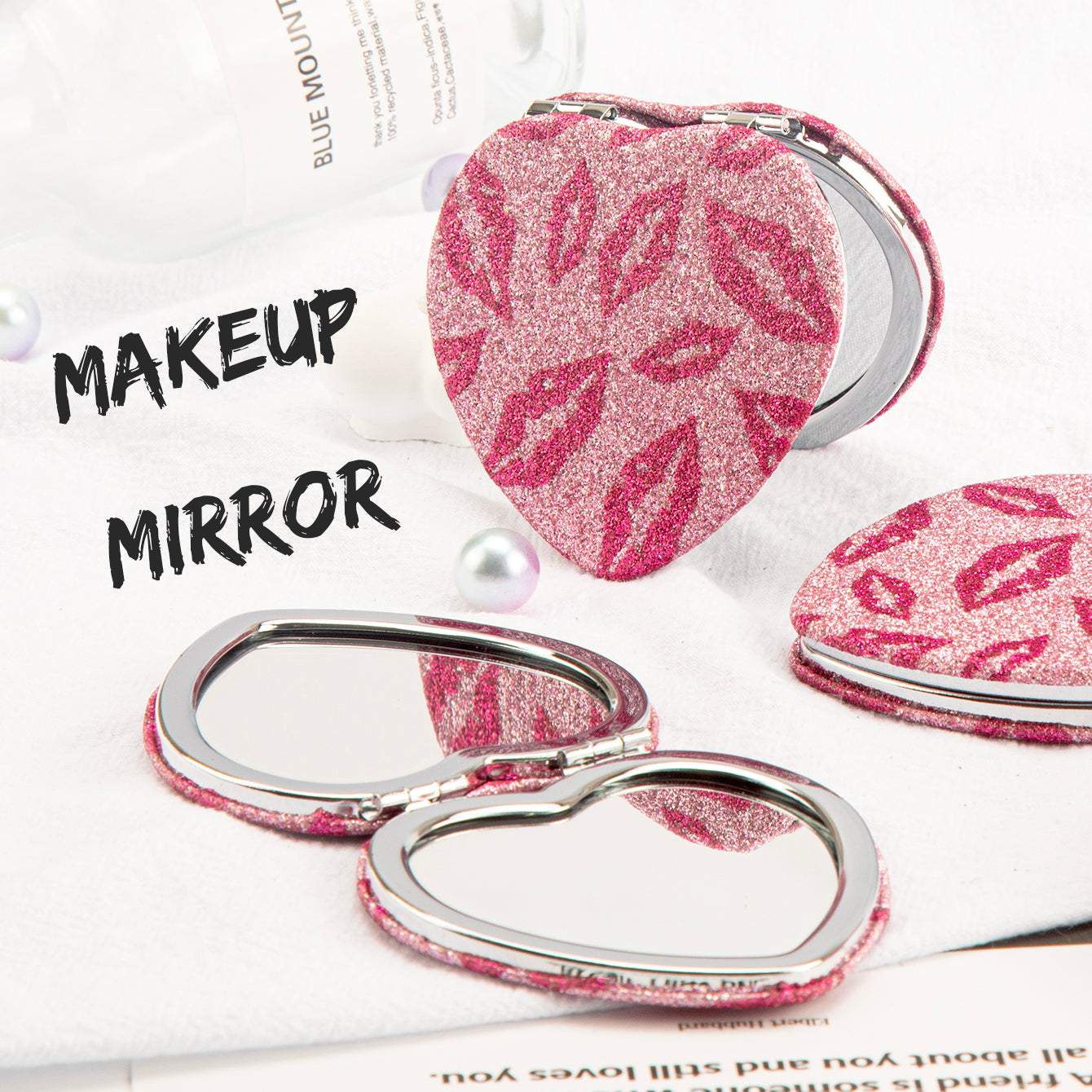 💖 Exquisite Heart-shaped Design, 65mm Diameter, Silver-plated Metal Frame, In Stock Now! Available in Pink and Black, High-Definition Glass Mirror, Perfect Gift for Wedding and Holidays, Ideal for Girlfriends!