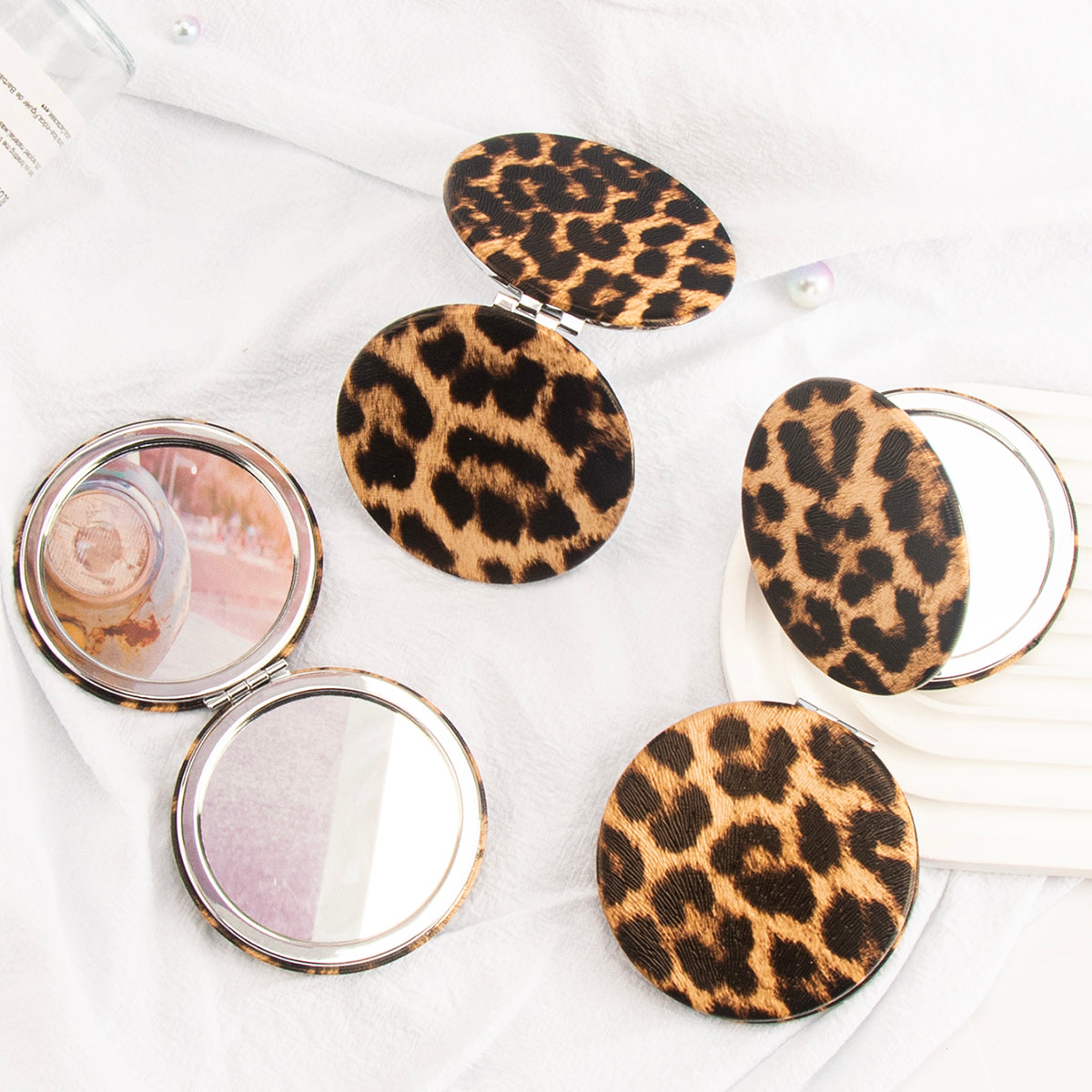 ✨ Premium Design! Round Leopard Print Metal Edge Makeup Mirror, 70mm Diameter, Silver Plated - In Stock! 💖