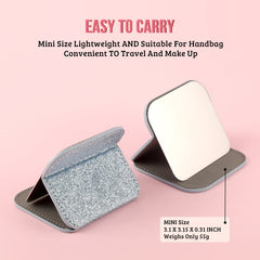 Dreamy Glittery Leather Folding Makeup Mirror with built-in high-definition stainless steel lens. In stock in blue, rose pink, pink, and gold. Desktop stand, portable, and lightweight, adding a touch of color to your beautiful moments