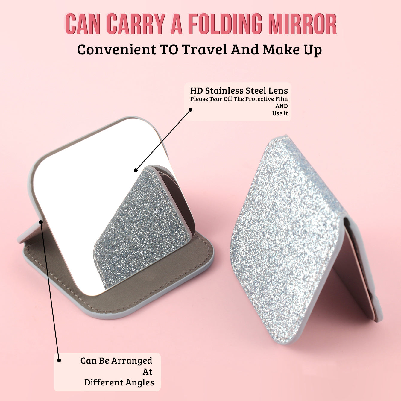 Dreamy Glittery Leather Folding Makeup Mirror with built-in high-definition stainless steel lens. In stock in blue, rose pink, pink, and gold. Desktop stand, portable, and lightweight, adding a touch of color to your beautiful moments