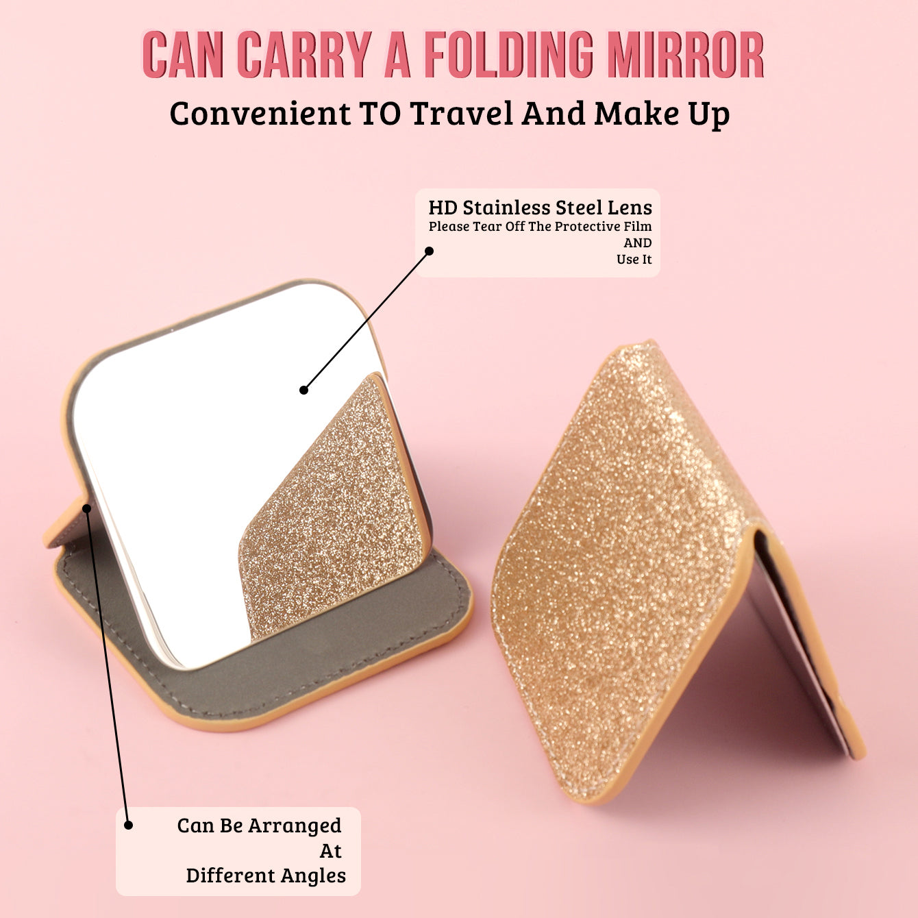 Dreamy Glittery Leather Folding Makeup Mirror with built-in high-definition stainless steel lens. In stock in blue, rose pink, pink, and gold. Desktop stand, portable, and lightweight, adding a touch of color to your beautiful moments