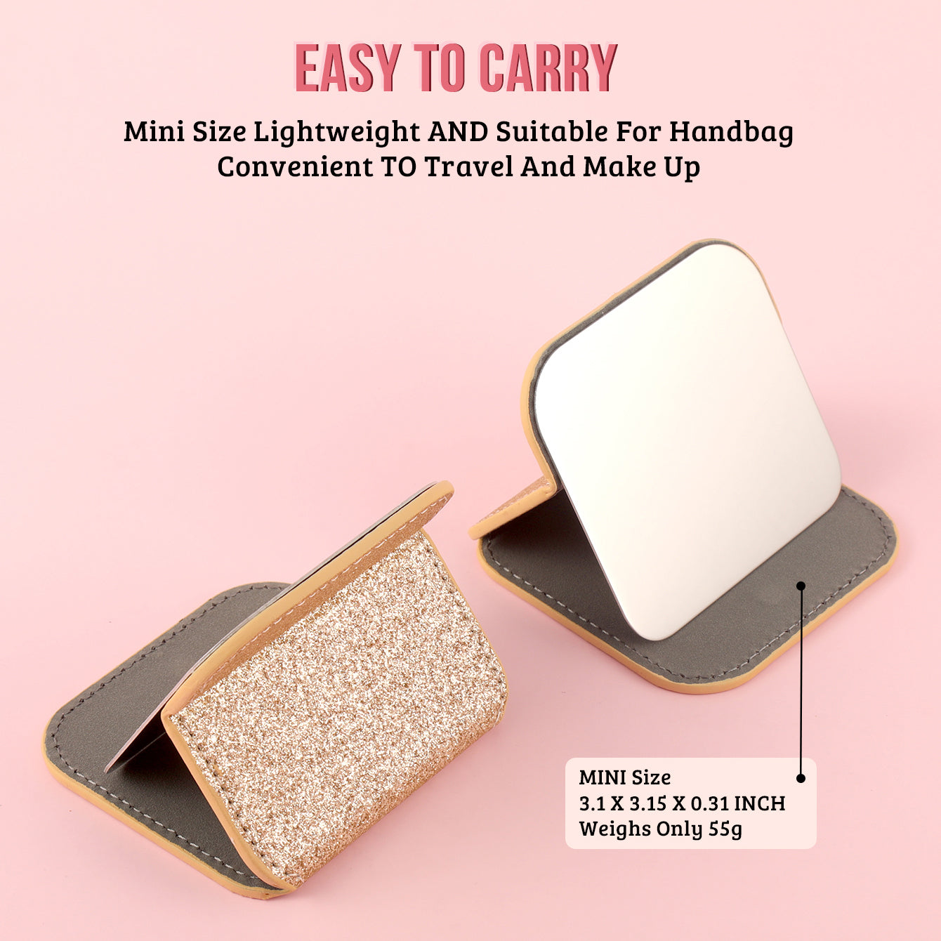 Dreamy Glittery Leather Folding Makeup Mirror with built-in high-definition stainless steel lens. In stock in blue, rose pink, pink, and gold. Desktop stand, portable, and lightweight, adding a touch of color to your beautiful moments