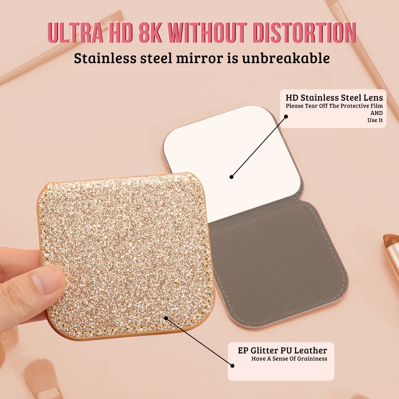 Dreamy Glittery Leather Folding Makeup Mirror with built-in high-definition stainless steel lens. In stock in blue, rose pink, pink, and gold. Desktop stand, portable, and lightweight, adding a touch of color to your beautiful moments