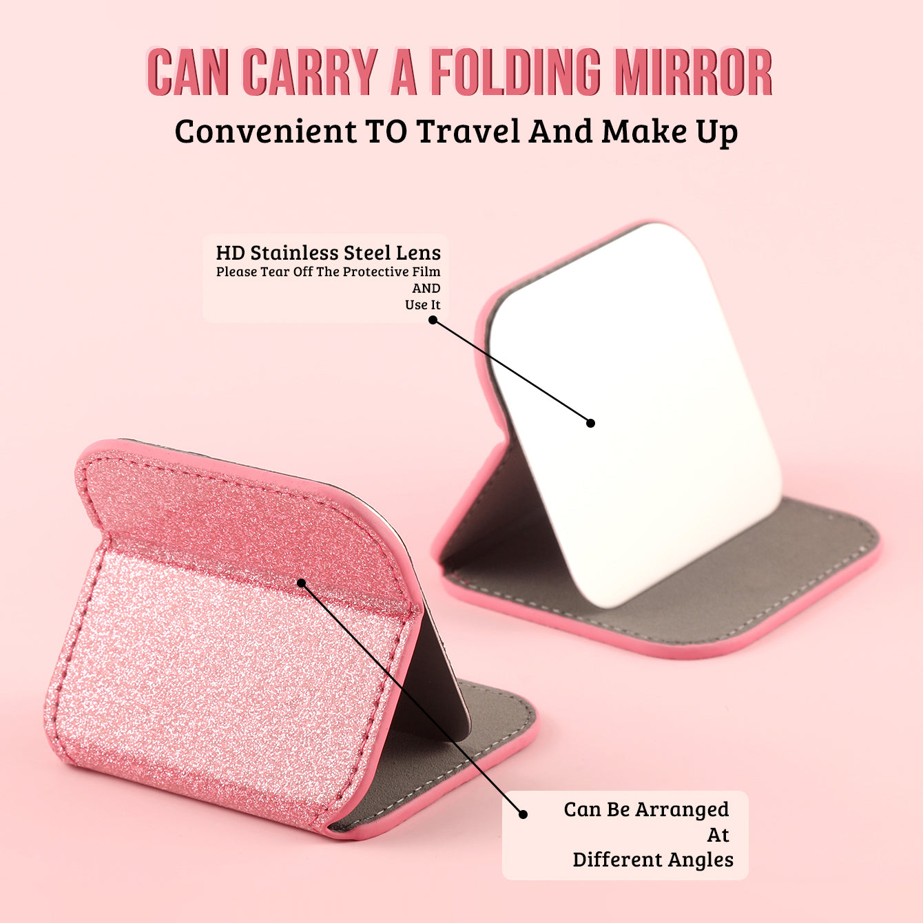 Dreamy Glittery Leather Folding Makeup Mirror with built-in high-definition stainless steel lens. In stock in blue, rose pink, pink, and gold. Desktop stand, portable, and lightweight, adding a touch of color to your beautiful moments