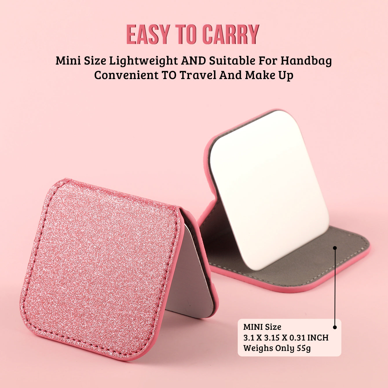 Dreamy Glittery Leather Folding Makeup Mirror with built-in high-definition stainless steel lens. In stock in blue, rose pink, pink, and gold. Desktop stand, portable, and lightweight, adding a touch of color to your beautiful moments